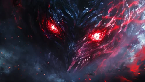 Abstract fiery creature face with glowing red eyes study.
