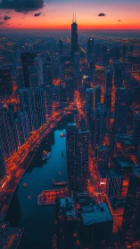 Sunset aerial view of illuminated modern riverfront city.