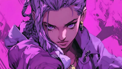 Purple lit anime fighter stares forward with intense focus
