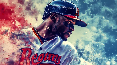 Baseball player portrait rendered with splatter color effects