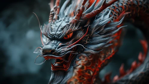 Fire-lit dragon head coils in mist with fierce intensity.