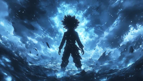 Silhouetted figure in blue storm-like energy environment.