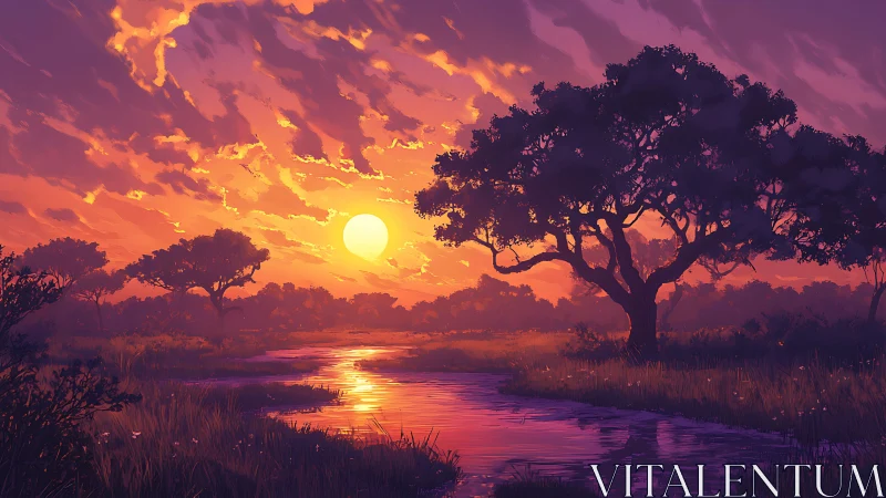Radiant river sunset beneath silhouetted savanna trees.