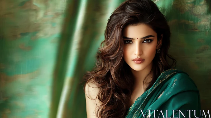 Elegant woman in teal saree gazes forward with quiet intensity