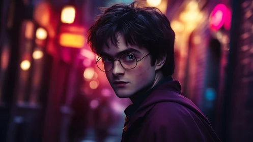 Moody young wizard walks through a glowing night alley