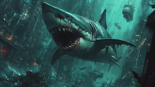 Blood-tide titan shark storms a drowned neon megacity.