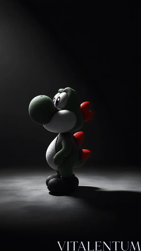 Cartoon dinosaur 3D model stands under directional spotlight