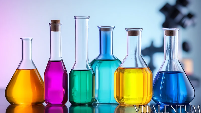 Aligned laboratory flasks display chromatic chemical solutions