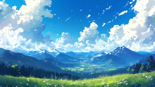 Vast anime mountain valley under bright summer sky.