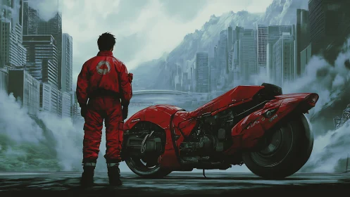 Red urban rider surveying neo-futurist megastructure skyline.