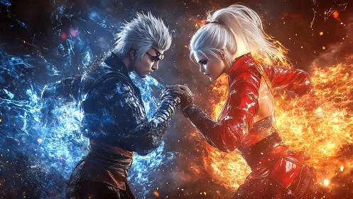 Fire and ice warriors clash in intense elemental duel scene