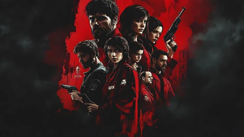 Heist crew in crimson coats framed by swirling shadows.