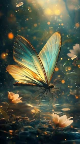 Bioluminescent butterfly hovering above reflective stream surface.