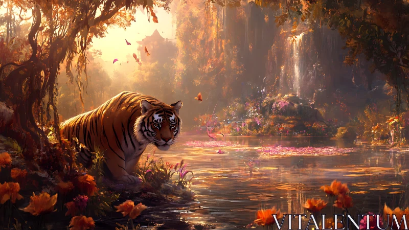 Sunlit tiger guardian at an enchanted floral waterfall pond.