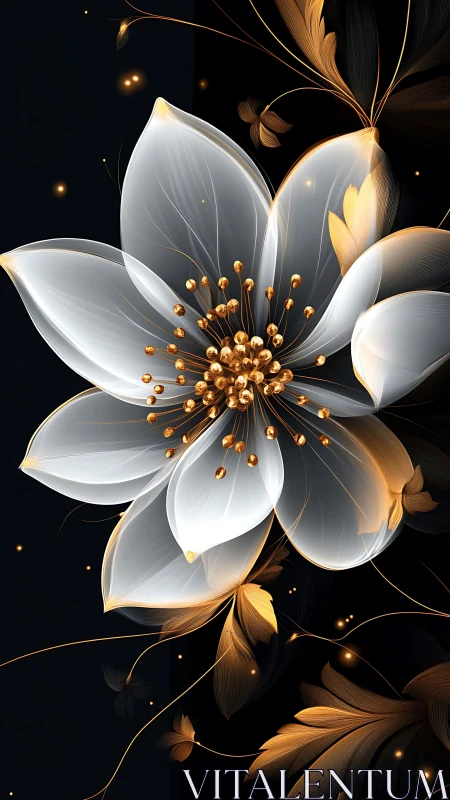 Golden white blossom rendered with luminous digital filaments.