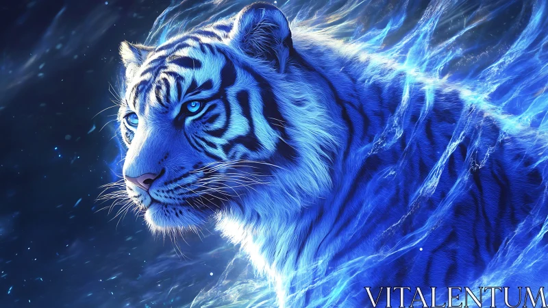 Mystic blue tiger gazes ahead with calm, shimmering power