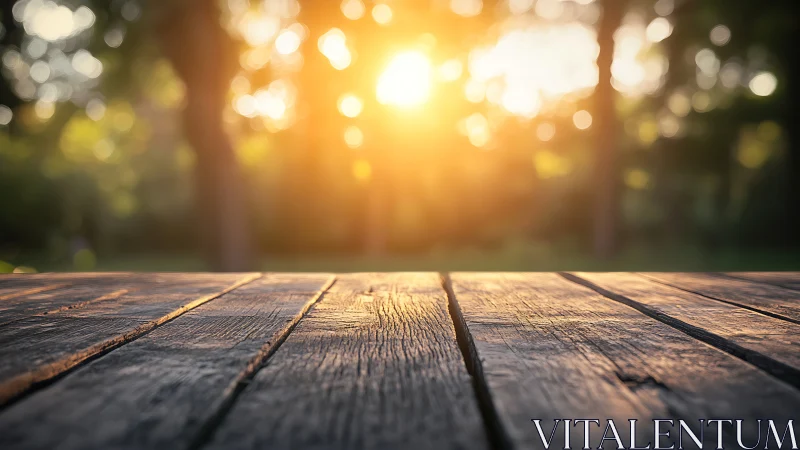 Rustic Wooden Table with Sunlit Forest Background, Bokeh Effect.