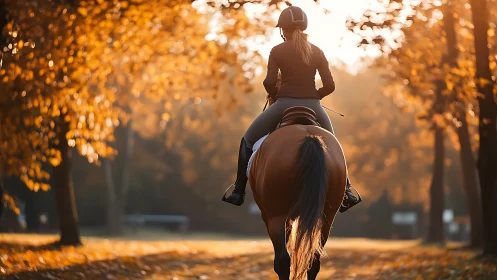 Equestrian rider in autumnal backlit forest path scene.