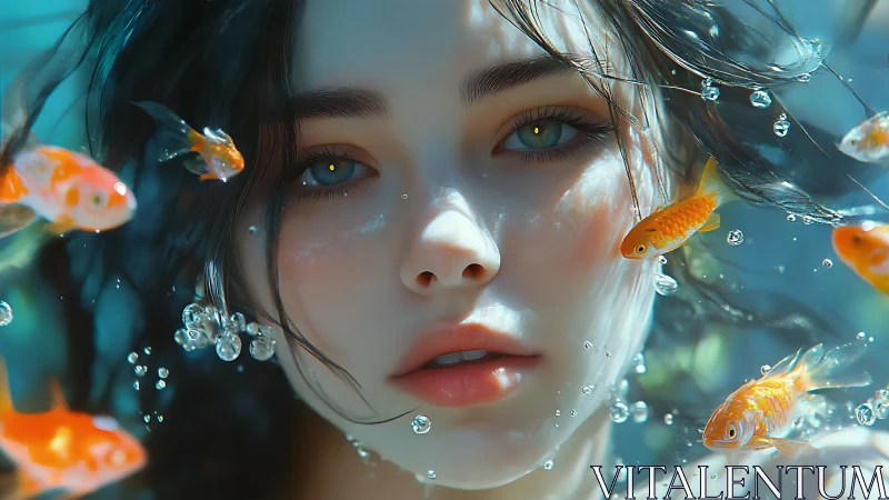 Underwater female face with goldfish and suspended bubbles.