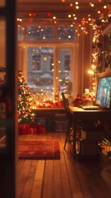 Cozy home office glows with warm Christmas lights