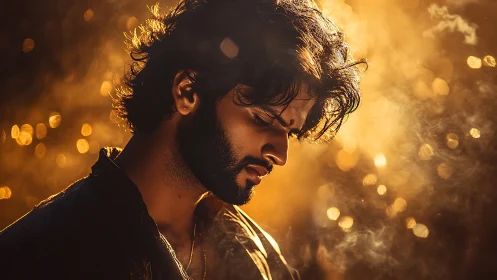 Pensive bearded man in warm golden cinematic light.