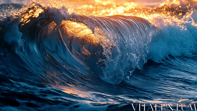 Sunlit ocean wave crest glowing in golden dusk light.