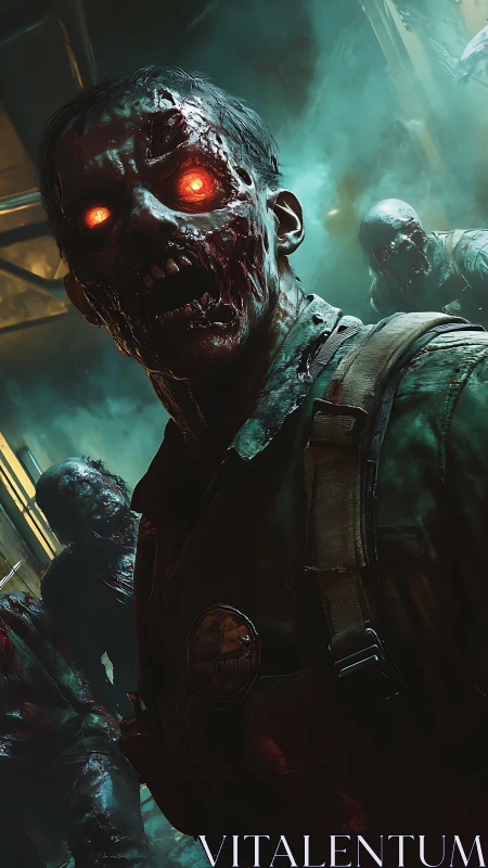 Undead soldier horde with glowing eyes in toxic teal fog.