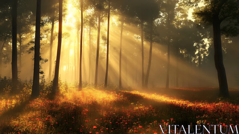 Sunlit forest meadow glows under golden morning rays.