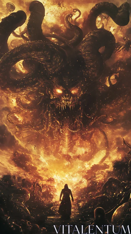 Lone wanderer facing a colossal fiery abyssal nightmare.