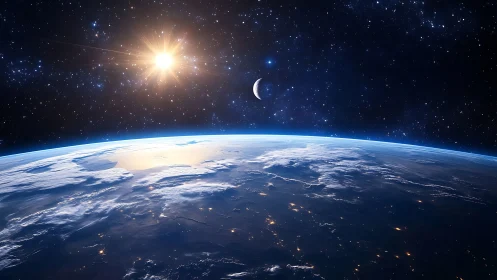 Earth horizon under glowing sun and distant crescent moon.