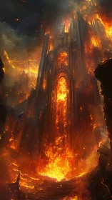 Gothic Cathedral Structure Engulfed in Intense Flames