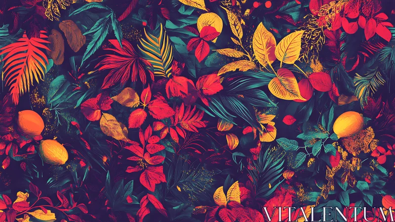 Neon tropical foliage pattern pulses across dark jungle field