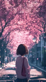 Girl beneath a cherry blossom tunnel wandering through spring.