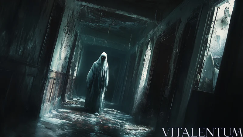 Spectral entity drifting through decayed flooded corridor.