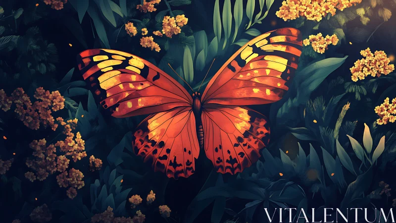 Orange butterfly rests on dark green foliage and flowers