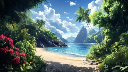 Tropical Paradise Cove With Mountains and Flowers.