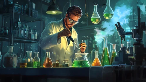 Chemist refines glowing solution under saturated lab light.