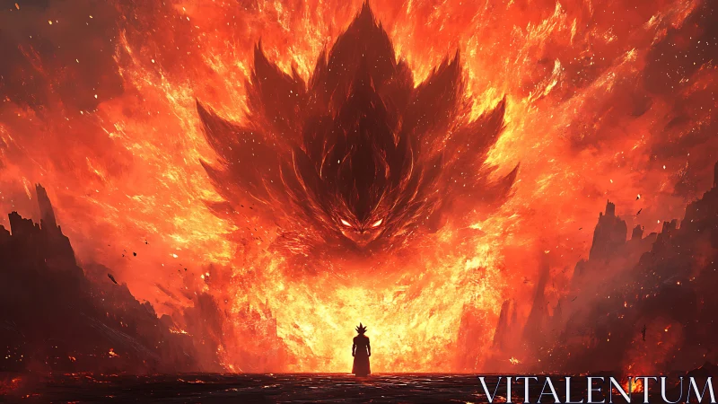 Volcanic-scale infernal entity confronting lone silhouette.