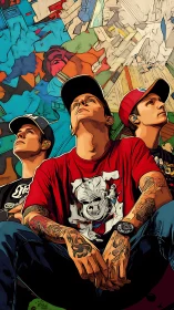 Three tattooed figures sit against angular urban graffiti background