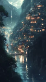 Cozy lantern-lit cliffside village glowing by moonlit river.