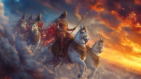 Sunfire war chariots race across a storm-lit divine sky.