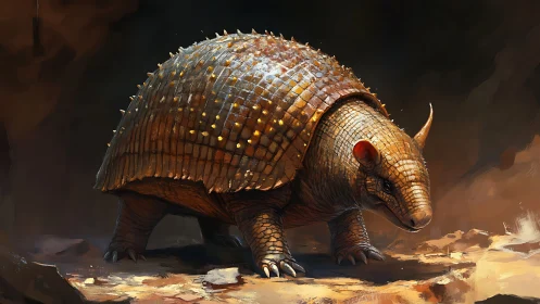 Armored armadillo creature in dramatic rocky landscape.