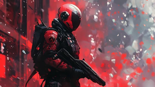 Crimson riot trooper pauses as digital shrapnel blooms