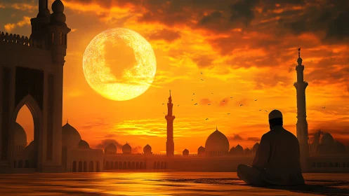 Radiant mosque skyline with worshipper at blazing sunset.