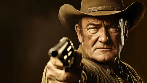 Gritty gunslinger portrait with revolver aimed forward.