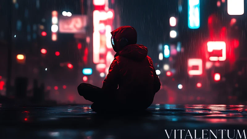 Solitary hooded figure in neon city rain, vivid bokeh glow.