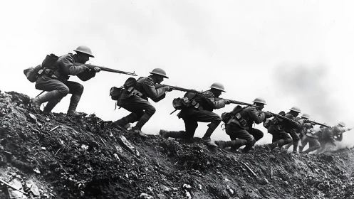 World War I infantry assault line advancing over muddy ridge