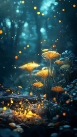 Bioluminescent mushrooms emit volumetric glow in misty forest