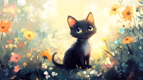 Black Cat Seated in Floral Field Setting.