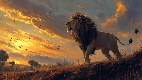 Majestic lion overlooking fiery savanna sunset sky.